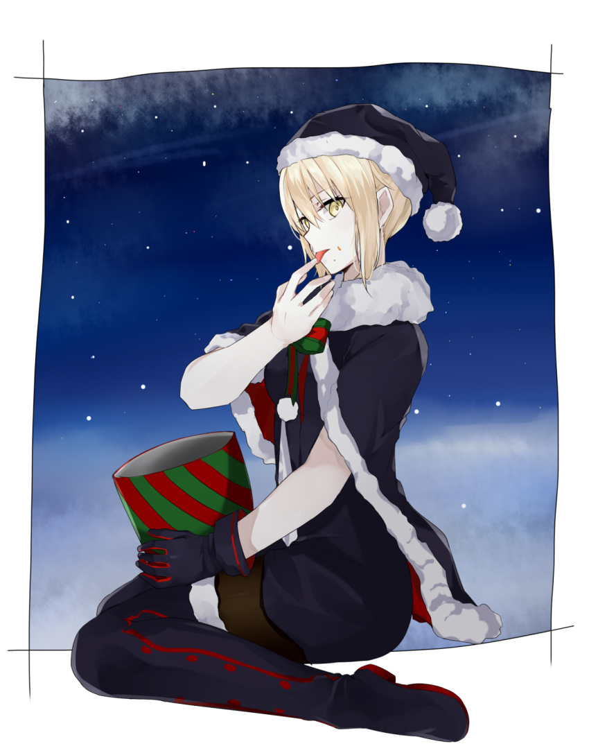 1girl black_gloves black_legwear blonde_hair boots cape fate/grand_order fate/stay_night fate_(series) gloves hat highres kurogiri looking_at_viewer pantyhose saber saber_alter santa_alter santa_hat sitting solo thigh-highs thigh_boots tongue tongue_out wariza yellow_eyes