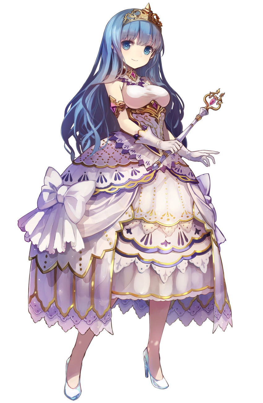1girl artist_request blue_eyes blue_hair bow character_request dress full_body gem gloves grimms_notes high_heels highres holding jewelry long_hair looking_at_viewer simple_background sleeveless smile solo standing tiara wand white_background white_gloves