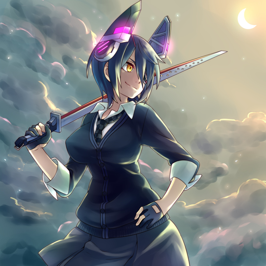 1girl black_gloves black_skirt breasts brown_eyes cardigan checkered checkered_necktie closed_mouth clouds collared_shirt crescent_moon gloves hair_over_one_eye hand_on_hip headgear highres holding holding_sword holding_weapon kantai_collection looking_away looking_to_the_side medium_breasts moon necktie night outdoors partly_fingerless_gloves sakura_chiyo_(konachi000) shirt skirt smirk solo sword tenryuu_(kantai_collection) weapon white_shirt wing_collar