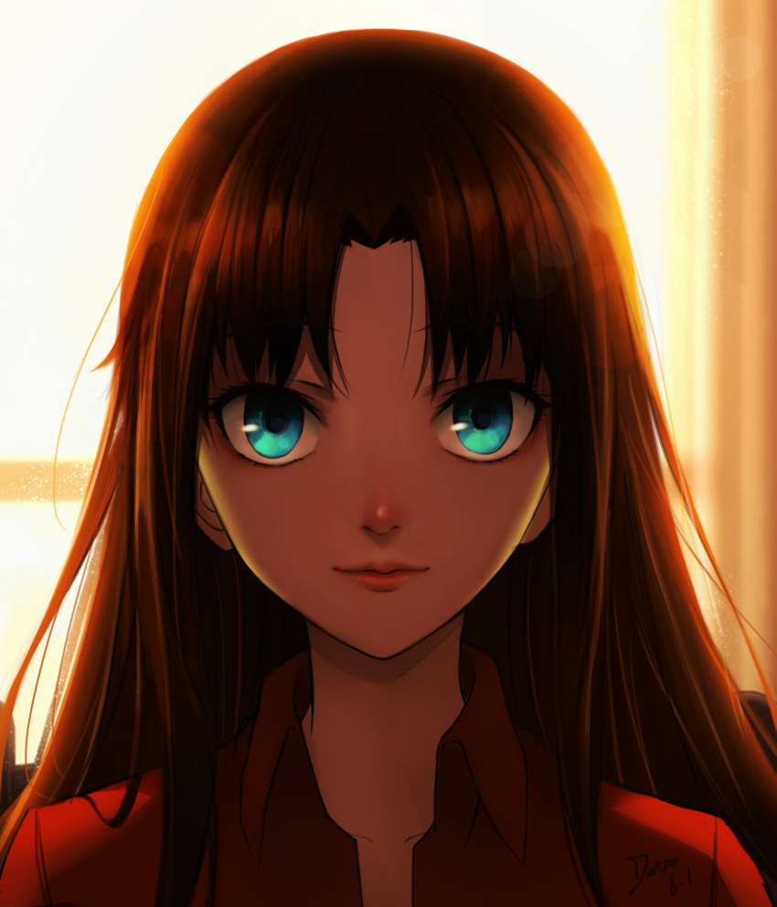1girl absurdres artist_name black_hair blue_eyes curtains evening facing_viewer fate/stay_night fate_(series) hair_down highres indoors kaneko_xz long_hair looking_at_viewer orange_(color) red_shirt shiny shiny_hair shirt smile solo sunset toosaka_rin twilight window