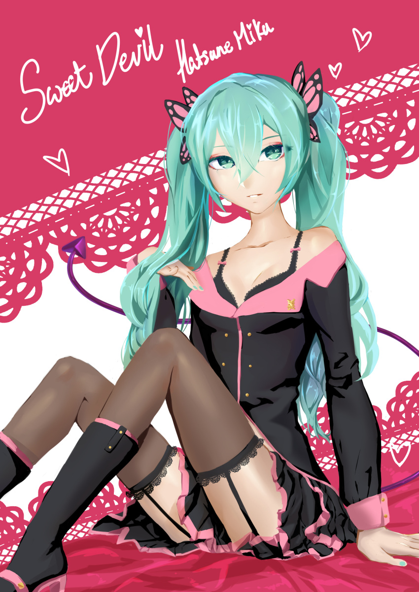 1girl absurdres bare_shoulders boots breasts butterfly_hair_ornament cleavage demon_tail eyelashes frilled_skirt frills green_eyes green_hair hair_between_eyes hair_ornament hatsune_miku heart heart_shape high_heel_boots high_heels highres knees_up lace lace-trimmed_thighhighs long_hair looking_at_viewer project_diva_(series) shiny shiny_hair shiny_skin simple_background sitting skirt solo solo_focus sweet_devil_(vocaloid) tail teeth text thigh-highs twintails vocaloid