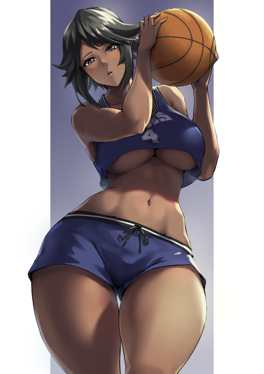 1girl absurdres bangs bare_shoulders basketball black_hair blue_shorts blue_tank_top blush breasts crop_top crop_top_overhang dark-skinned_female dark_elf dark_skin earrings elf grey_eyes highres jewelry large_breasts looking_at_viewer navel original packge parted_lips pointy_ears short_hair short_shorts shorts solo tank_top thighs under_boob