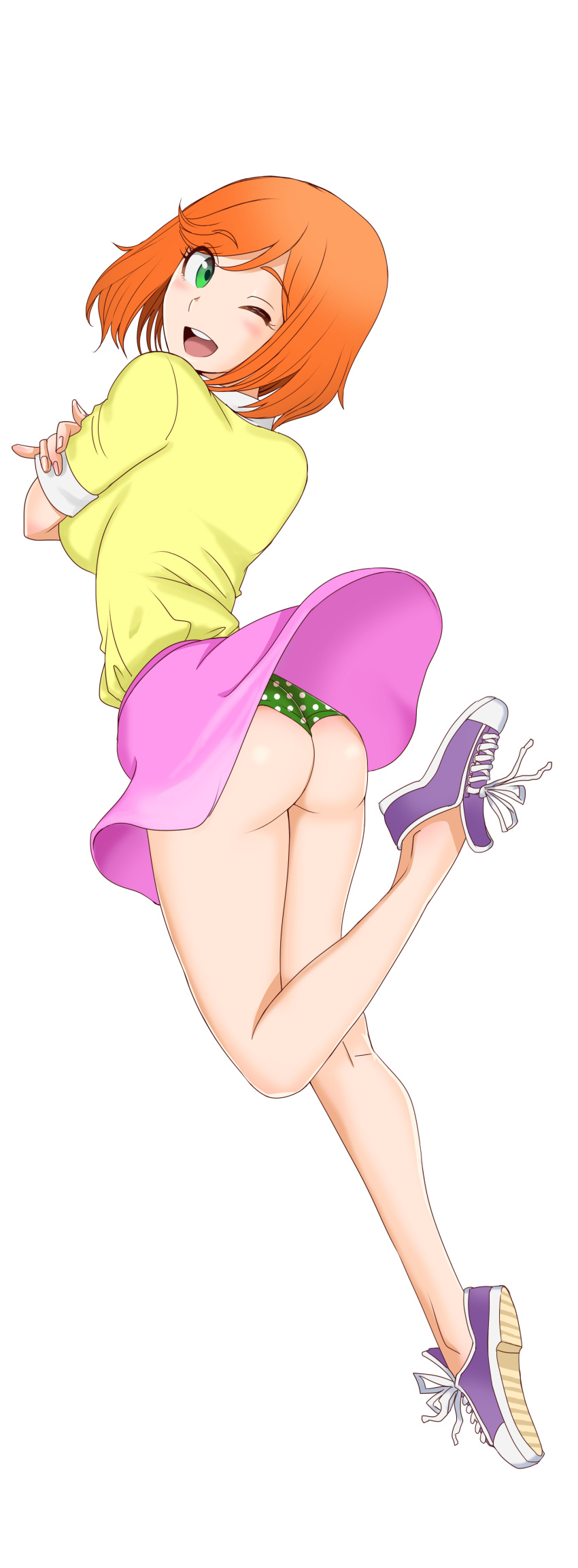 1girl ;d absurdres ass back breasts green_eyes green_panties highres kamitsuki_manmaru looking_at_viewer one_eye_closed open_mouth orange_hair panties polka_dot polka_dot_panties shoes short_hair simple_background smile sneakers solo teeth underwear white_background