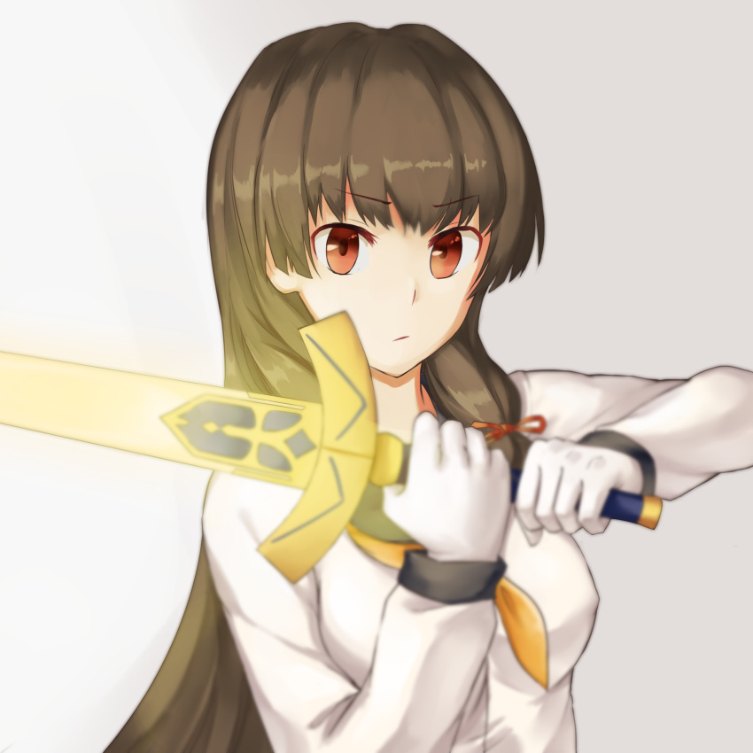 &gt;:( &gt;:/ 1girl bangs black_hair breasts closed_mouth cold_(hoshinoskull) crossover excalibur eyebrows eyebrows_visible_through_hair fate/stay_night fate_(series) gloves hair_ribbon highres holding holding_sword holding_weapon isokaze_(kantai_collection) kantai_collection kawasumi_ayako long_hair long_sleeves looking_at_viewer medium_breasts neckerchief puffy_long_sleeves puffy_sleeves red_eyes red_ribbon ribbon school_uniform seiyuu_connection serafuku solo sword tress_ribbon upper_body weapon white_gloves