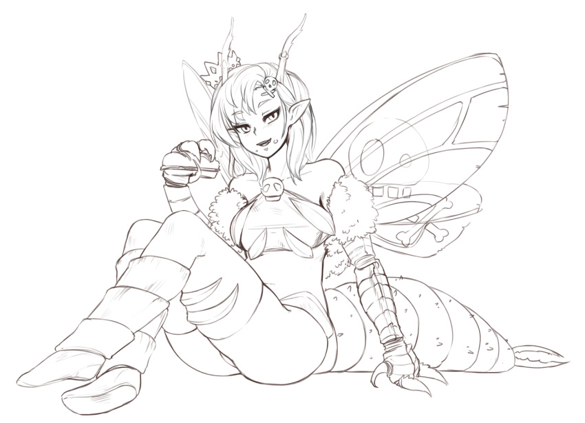 1girl antennae ass barbariank bare_shoulders beelzebub_(monster_girl_encyclopedia) boots carapace crown eating fang food food_on_face fur greyscale hair_ornament insect_girl insect_wings lineart looking_at_viewer monochrome monster_girl monster_girl_encyclopedia paws pointy_ears sandwiched simple_background sitting skull_and_crossbones skull_hair_ornament solo thigh-highs wings
