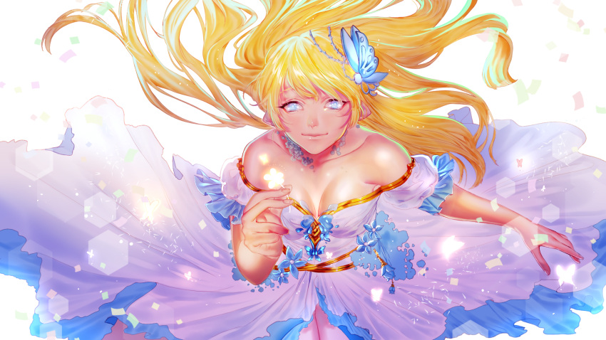 1girl bare_shoulders blonde_hair blue_eyes breasts butterfly butterfly_hair_ornament character_request cleavage clover collarbone dress glowing hair_ornament highres kimpeul long_hair mabinogi pointy_ears smile solo white_dress