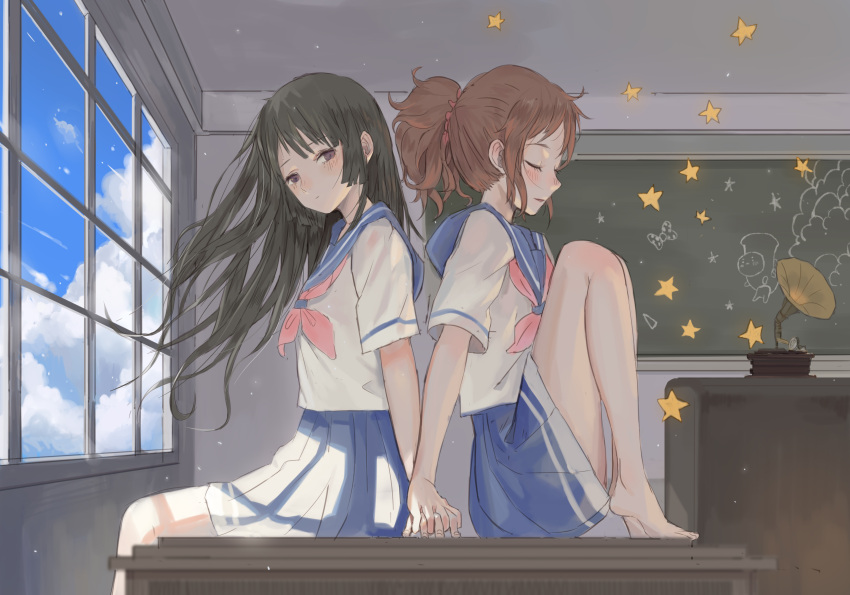 2girls absurdres back-to-back barefoot black_hair blue_skirt blush chalkboard classroom closed_eyes closed_mouth clouds cloudy_sky day desk drawing floating_hair hair_ornament hair_scrunchie hibike!_euphonium highres holding_hands indoors interlocked_fingers knees_up kousaka_reina light_particles long_hair looking_at_viewer multiple_girls neckerchief on_desk oumae_kumiko parted_lips phonograph pleated_skirt school_uniform scrunchie serafuku shade shirt short_ponytail shrimp_cc sitting sitting_on_desk skirt sky star sunlight violet_eyes white_shirt window