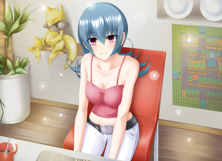 1girl abra blue_hair blush book breasts chair cleavage coffee_cup cup curly_hair highres kokonoe_sekai large_breasts long_hair looking_at_viewer map midriff natsume_(pokemon) pants plant pokemon pokemon_(game) pokemon_hgss potted_plant red_eyes sitting solo spaghetti_strap spoon table