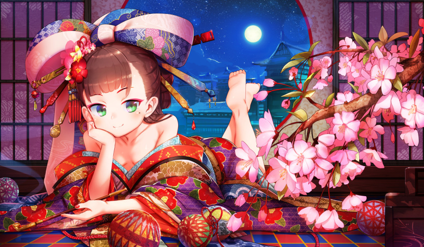 1girl anne_(wixoss) bangs bare_shoulders barefoot blunt_bangs blush bow brown_hair cherry_blossoms clouds collarbone commentary_request flower full_moon green_eyes hair_bow hair_flower hair_ornament hair_stick head_rest highres japanese_clothes kimono long_hair long_sleeves looking_at_viewer lying mole mole_under_eye moon nail_polish night night_sky off_shoulder on_stomach sky smile solo star_(sky) starry_sky syamo003 wide_sleeves wixoss