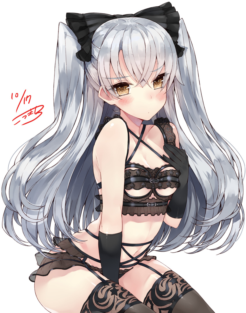 1girl amatsukaze_(kantai_collection) bangs bare_shoulders black_bra black_gloves black_panties blush bra breasts brown_eyes cleavage commentary_request dated frills garter_belt garter_straps gloves hair_ribbon highres kantai_collection kou_mashiro lace lace-trimmed_thighhighs long_hair looking_at_viewer navel panties ribbon silver_hair simple_background sitting solo thigh-highs two_side_up underwear very_long_hair white_background