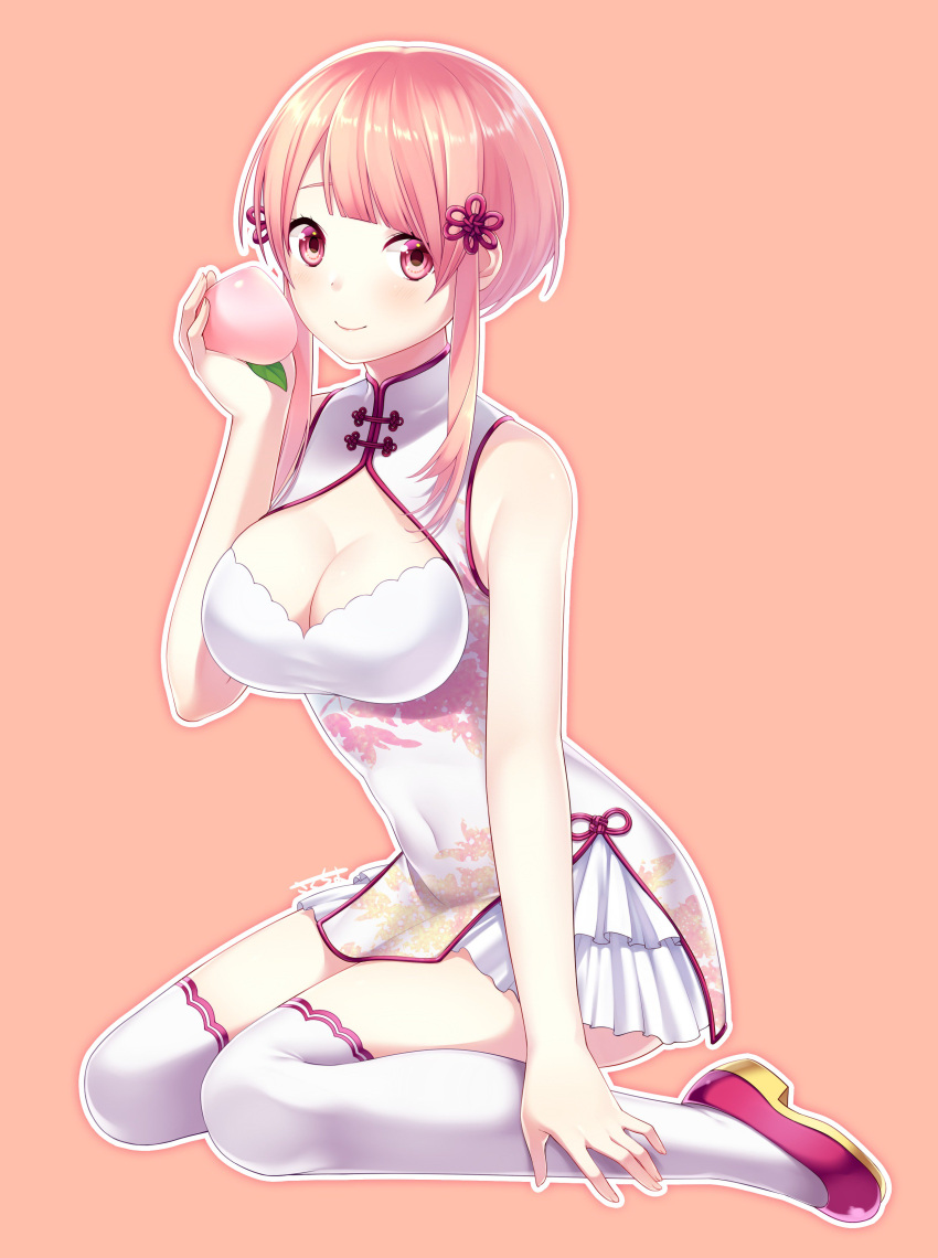 1girl absurdres blush breasts chinese_clothes cleavage closed_mouth food fruit full_body hair_ornament head_tilt highres holding holding_fruit medium_breasts orange_background original outline over-kneehighs peach pink_hair red_eyes red_shoes sakura_chiyo_(konachi000) shoes short_hair_with_long_locks simple_background smile solo thigh-highs white_legwear