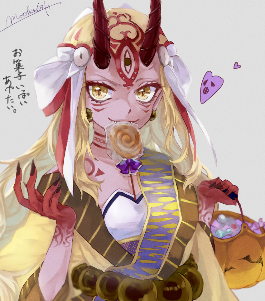1girl absurdres blonde_hair candy fang fate/grand_order fate_(series) halloween highres horns ibaraki_douji_(fate/grand_order) japanese_clothes lollipop long_hair mouth_hold oni solo swirl_lollipop tattoo toudai_(see-you!my_wonderland) upper_body yellow_eyes