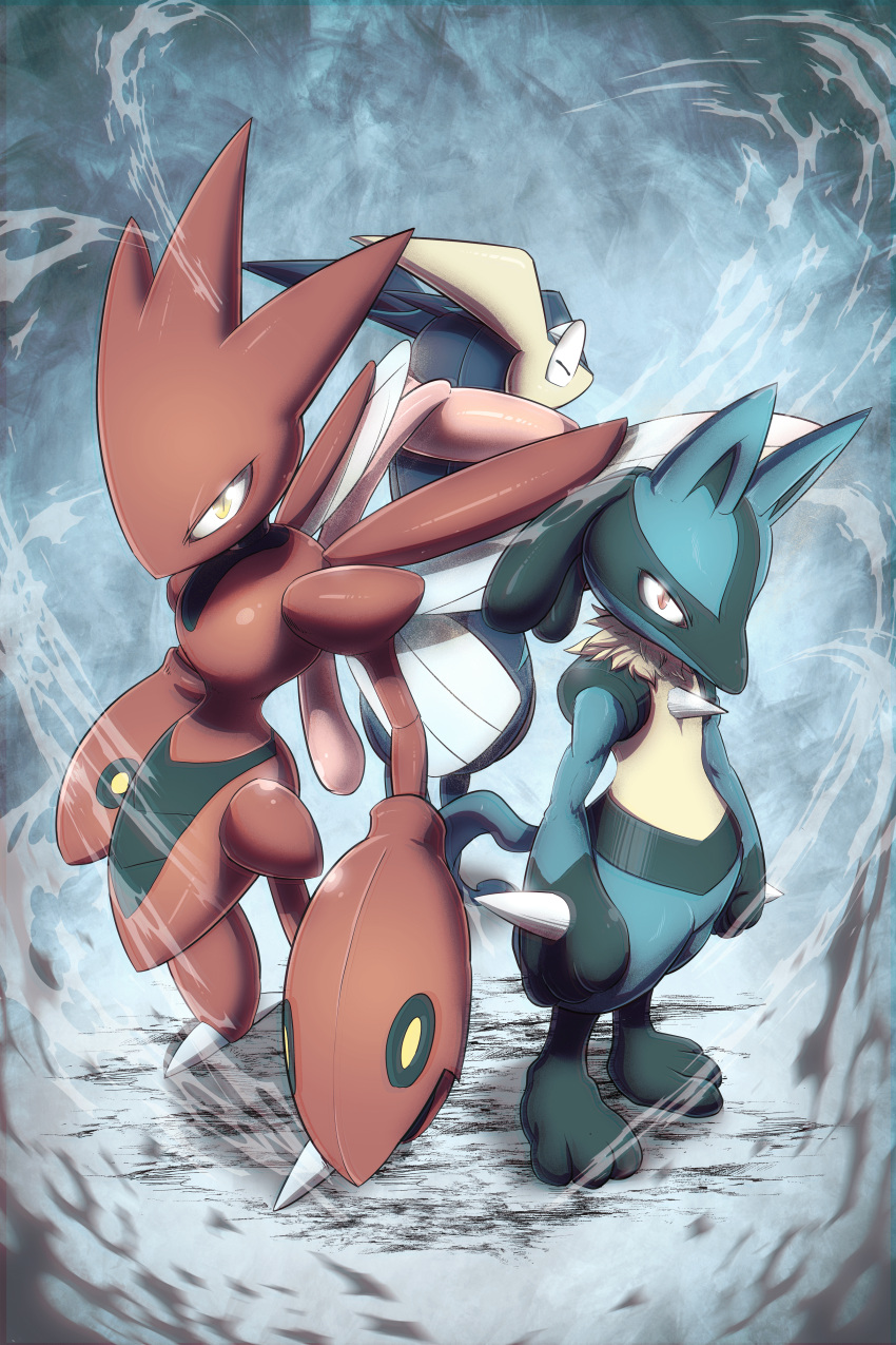 absurdres back-to-back from_above greninja highres insect_wings kicktyan long_tongue looking_at_viewer looking_back lucario no_humans perspective pokemon pokemon_(creature) red_eyes scizor slit_pupils spikes standing tongue tongue_out wings yellow_eyes