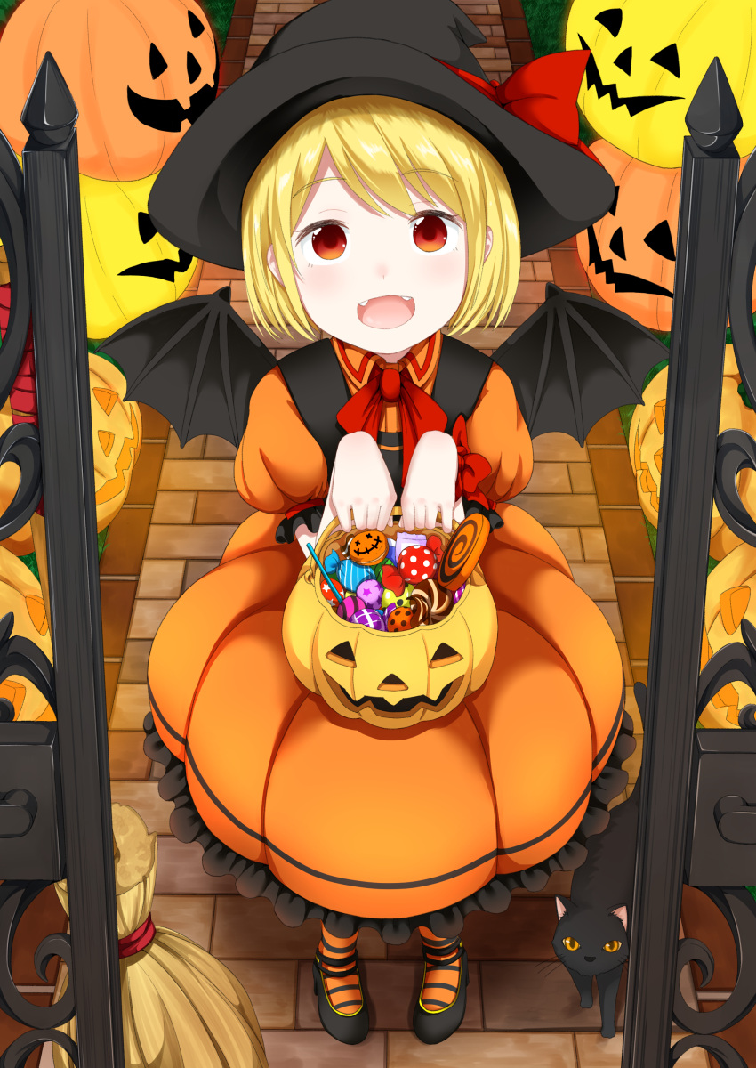1girl :d absurdres bangs black_cat black_legwear blonde_hair blush broom brown_eyes candy cat demon_wings dress eyebrows eyebrows_visible_through_hair fang from_above gate halloween hat head_tilt highres holding jack-o'-lantern lollipop looking_up mary_janes neck_ribbon open_mouth orange_dress original pigeon-toed puffy_short_sleeves puffy_sleeves red_ribbon ribbon shoes short_sleeves smile solo standing striped striped_legwear swept_bangs swirl_lollipop tsunamayo_(flying_cat) wing_collar wings witch witch_hat wrapped_candy