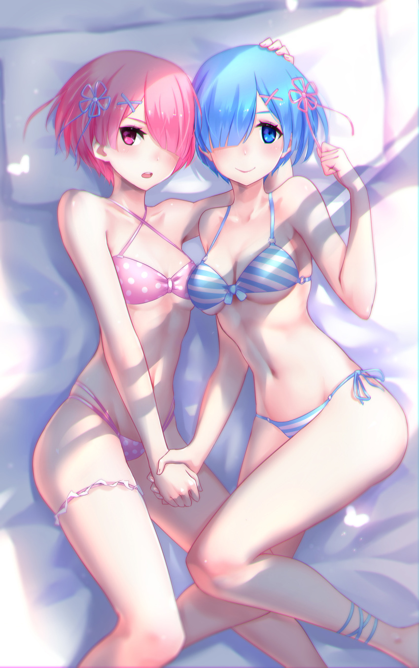 &gt;:o 2girls :o alternate_costume bare_shoulders barefoot bed bed_sheet bikini blue_eyes blue_hair breasts collarbone criss-cross_halter cushion from_above hair_ornament hair_over_one_eye halter_top halterneck hand_on_another's_head highres holding_hands looking_at_viewer lying medium_breasts midriff multiple_girls navel on_side pink_eyes pink_hair ram_(re:zero) re:zero_kara_hajimeru_isekai_seikatsu rem_(re:zero) shiny shiny_skin short_hair siblings sisters small_breasts smile sunlight swimsuit thigh_strap thighs twins under_boob worst_(am-worst) x_hair_ornament