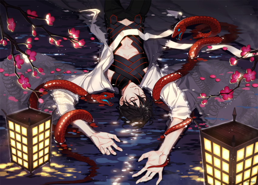 1boy arms_up black_hair bone branch cherry_blossoms closed_eyes coattails fangs gearous jacket lantern lips lying male_focus on_back open_clothes open_jacket original pale_skin partially_submerged pectorals petals skeleton snake solo upside-down water