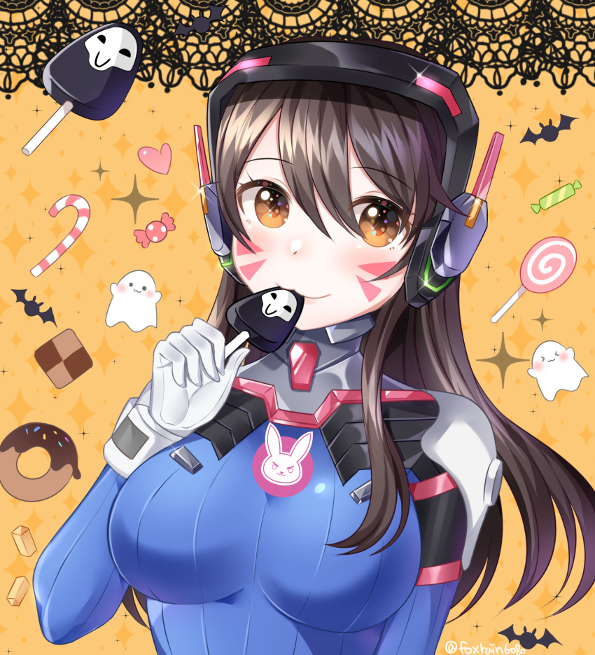 1girl :3 bangs bat blush bodysuit bracer breasts breasts_apart brown_eyes brown_hair bunny_print candy candy_cane closed_mouth cookie d.va_(overwatch) doughnut eating eyebrows eyebrows_visible_through_hair eyelashes facepaint facial_mark food ghost gloves hair_between_eyes halloween hand_up headphones heart high_collar highres lollipop long_hair long_sleeves looking_at_viewer overwatch pauldrons pilot_suit reaper_(overwatch) ribbed_bodysuit shoulder_pads skin_tight smile solo sparkle swirl_lollipop tl_astral7536 turtleneck twitter_username upper_body whisker_markings white_gloves