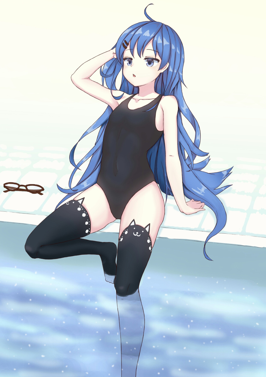 1girl ahoge arm_support bangs black_legwear blue_eyes blue_hair cat_band_legwear chestnut_mouth collarbone covered_navel eyebrows eyebrows_visible_through_hair glasses glasses_removed hair_ornament hairclip highres kim_nico long_hair one-piece_swimsuit original pool poolside shiny shiny_hair sitting soaking_feet solo swimsuit thigh-highs very_long_hair water