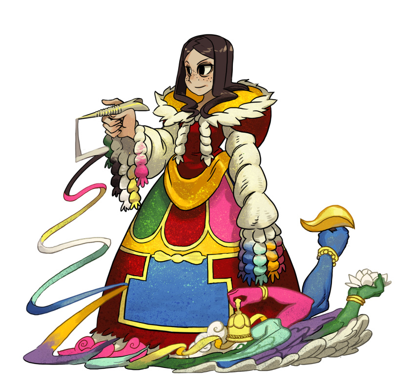 1girl bags_under_eyes bell brown_hair chak-pur colorful dress flower freckles full_body highres indivisible lotus multiple_arms official_art sand sangmu_(indivisible) solo transparent_background