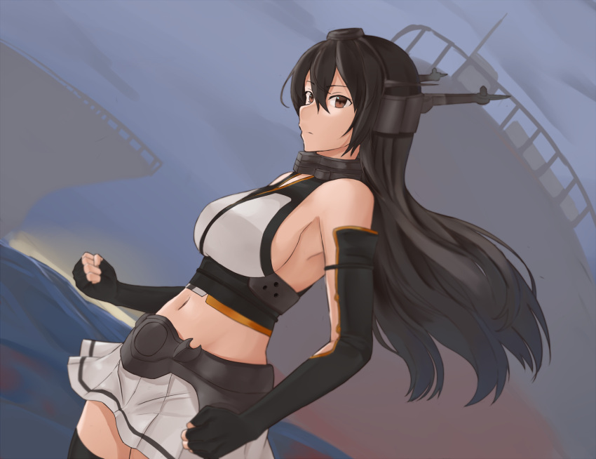 1girl armpits bare_shoulders black_gloves black_hair black_legwear breasts brown_eyes cold_(hoshinoskull) cowboy_shot dutch_angle elbow_gloves fingerless_gloves from_side gloves headgear highres kantai_collection large_breasts long_hair looking_at_viewer looking_to_the_side miniskirt nagato_(kantai_collection) pleated_skirt sideboob skirt solo thigh-highs