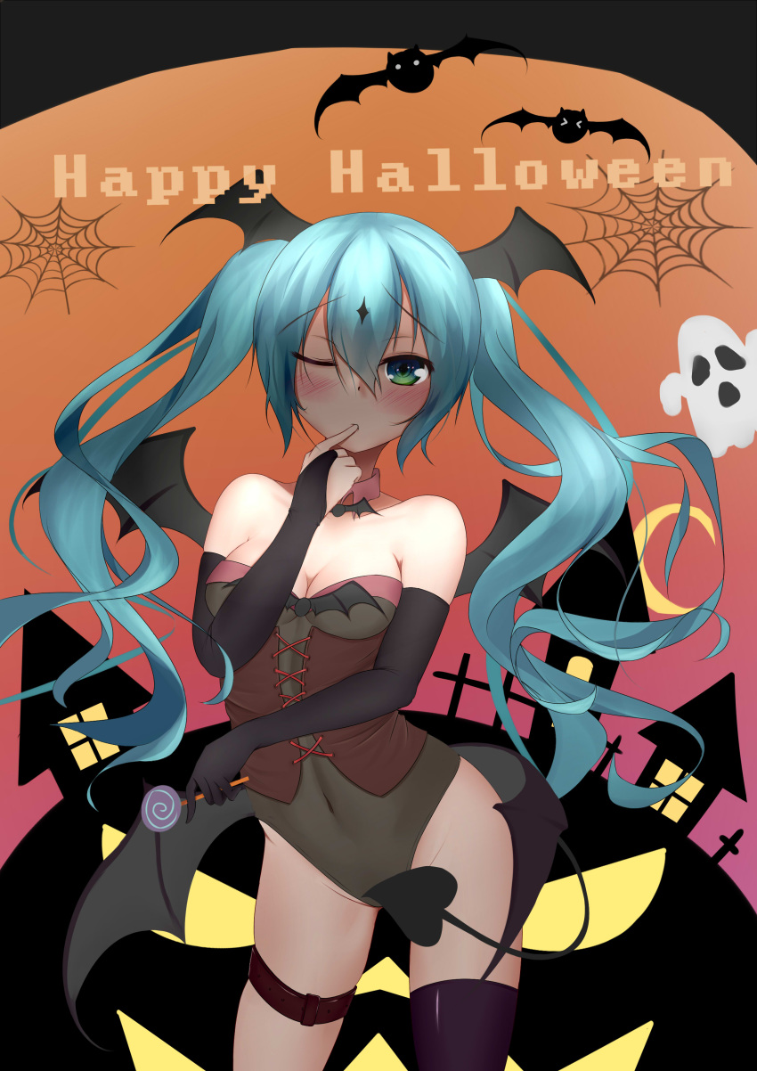 1girl absurdres aqua_hair bat black_gloves blush bridal_gauntlets candy corset covered_navel demon_girl demon_tail elbow_gloves finger_to_mouth gloves green_eyes halloween happy_halloween hatsune_miku head_wings highres leotard lollipop long_hair one_eye_closed silk single_thighhigh solo spider_web swirl_lollipop tail thigh-highs twintails very_long_hair vocaloid wings