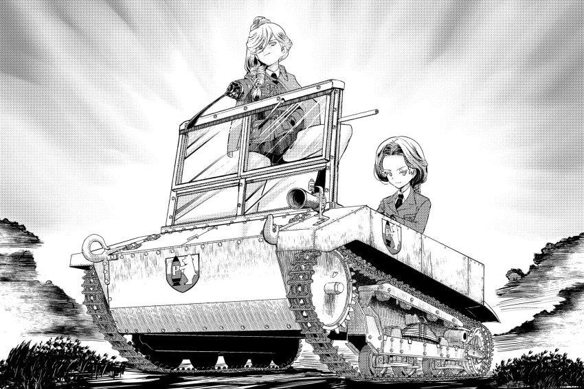 2girls black_boots black_gloves boots braid c2p capelet caterpillar_tracks commentary commentary_request dress_shirt emblem fourragere girls_und_panzer girls_und_panzer_ribbon_no_musha gloves greyscale hair_bun hair_ornament hair_over_shoulder highres jacket jajka_(girls_und_panzer) leg_up long_hair long_sleeves military military_vehicle miniskirt monochrome multiple_girls necktie pleated_skirt riding_crop shirt single_braid skirt tractor uszka_(girls_und_panzer) wojtek yoyokkun