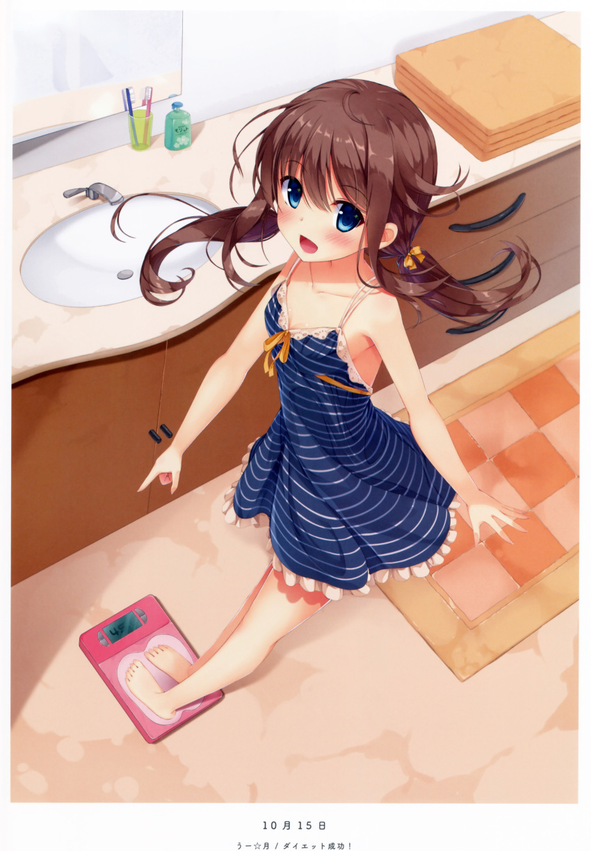 1girl absurdres barefoot bathroom bathroom_scale blue_eyes blush brown_hair collarbone dress fujieda_uzuki highres long_hair open_mouth pointing solo striped striped_dress twintails weighing_scale