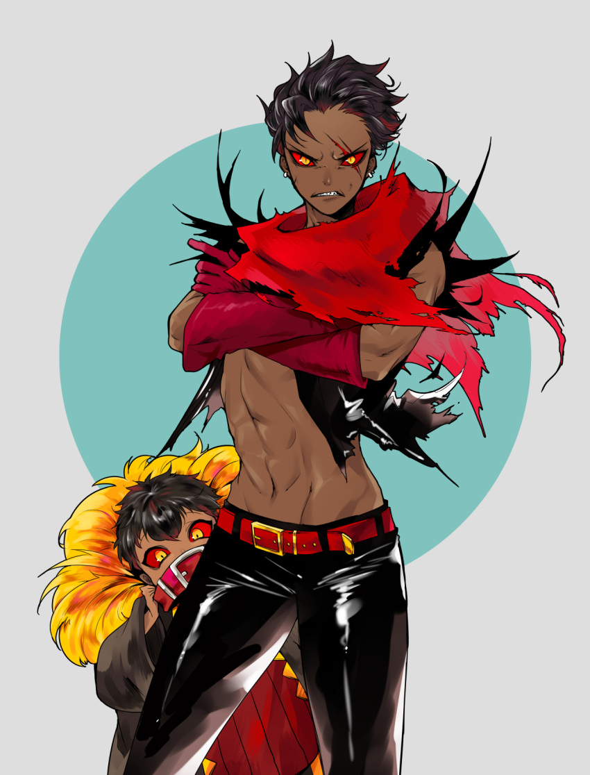 1boy 1girl abs alternate_color angry belt_buckle black_hair black_pants buckle clenched_teeth collar covering_mouth cowboy_shot crossed_arms d:&lt; dark_persona dark_skin dark_skinned_male earrings fur_trim genderswap genderswap_(mtf) gloves grey_background groin highres humanization jacket jewelry long_sleeves looking_at_viewer midriff multicolored_hair navel open_clothes open_jacket pants papyrus_(undertale) peeking_out red_gloves red_scarf red_sclera redhead sans scar scar_across_eye scarf sharp_teeth shiny shiny_clothes shirtless short_hair siblings slit_pupils teeth torn_clothes torn_scarf torn_sleeves two-tone_hair undertale wide_sleeves yamtteng yellow_eyes younger
