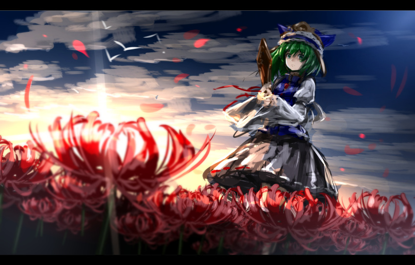 1girl black_skirt blue_vest closed_mouth clouds cloudy_sky field flower flower_field green_eyes green_hair hat juliet_sleeves letterboxed long_sleeves looking_at_viewer petals puffy_sleeves rod_of_remorse ryosios shiki_eiki skirt sky solo spider_lily sunlight touhou