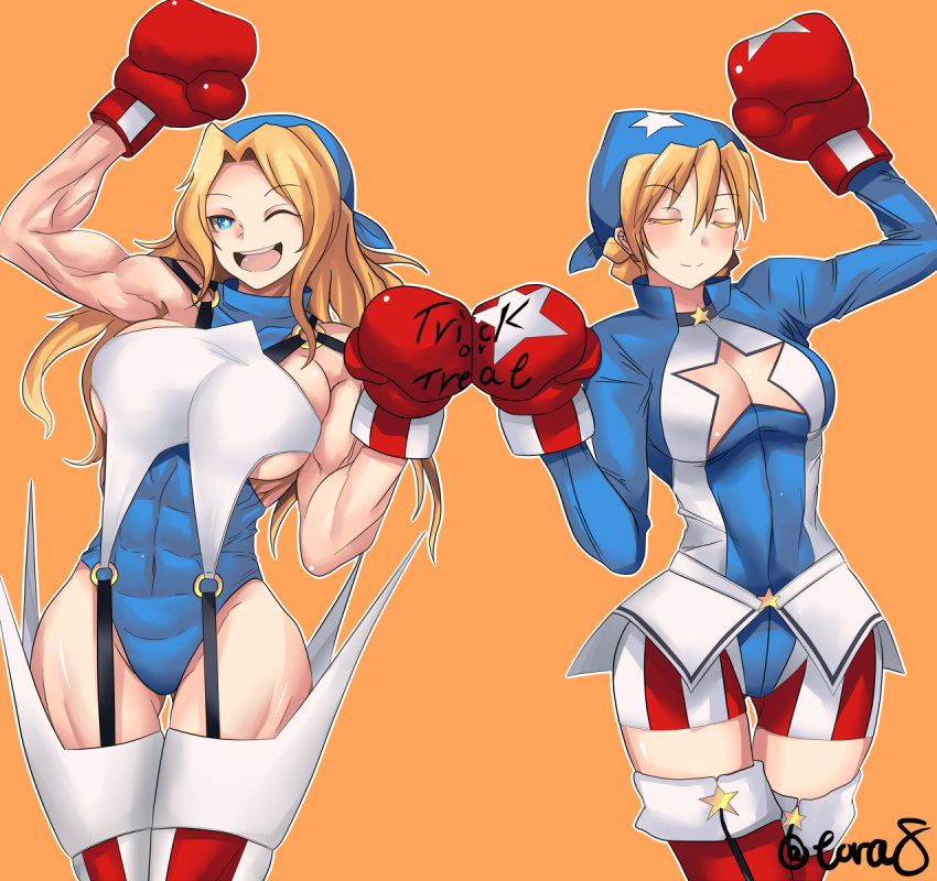 2girls blonde_hair boxing_gloves breasts cleavage closed_eyes darjeeling dateya_torahachi girls_und_panzer highres kay_(girls_und_panzer) large_breasts long_hair multiple_girls muscle one_eye_closed orange_background rival_schools short_shorts shorts smile star star-shaped_pupils symbol-shaped_pupils thick_thighs thighs tiffany_lords tiffany_lords_(cosplay) trick_or_treat