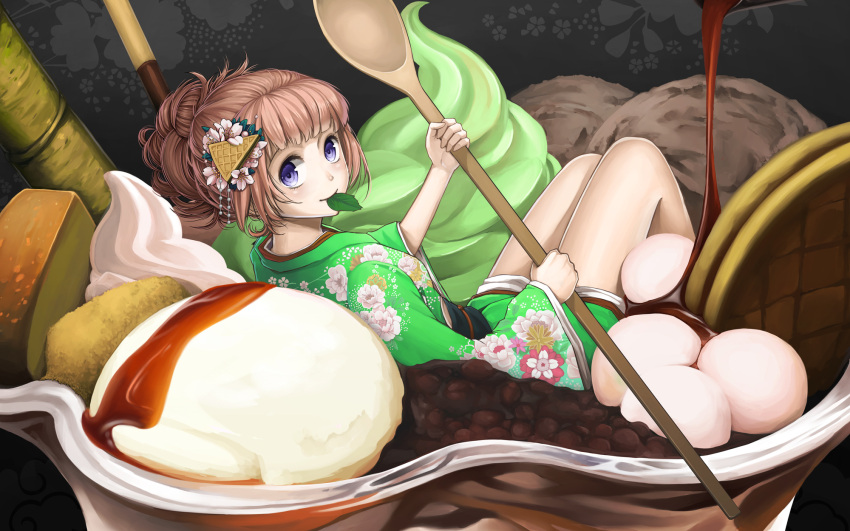 1girl black_background blush brown_hair butter closed_mouth floral_print food from_side hair_ornament hair_up head_tilt highres holding holding_spoon ice_cream in_food japanese_clothes jchoy kanzashi kimono kimono_skirt leaf long_sleeves looking_at_viewer mouth_hold original parfait personification sitting smile solo spoon violet_eyes wafer_hair_ornament