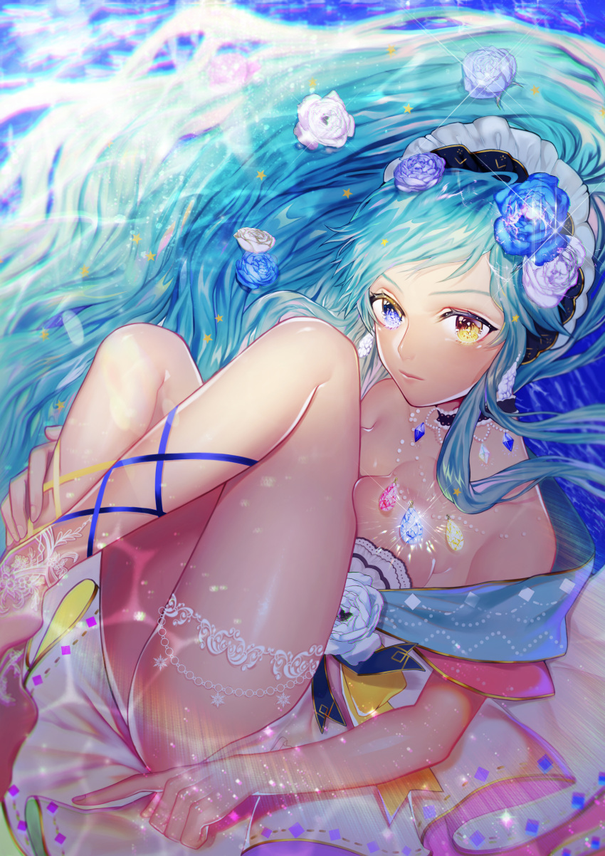 1girl absurdres aqua_hair blue_eyes blue_rose breast_press breasts cleavage dress flower gem hair_flower hair_ornament hairband heterochromia highres jewelry kimpeul large_breasts long_hair necklace original rose shiny solo sparkle strapless strapless_dress very_long_hair white_rose yellow_eyes