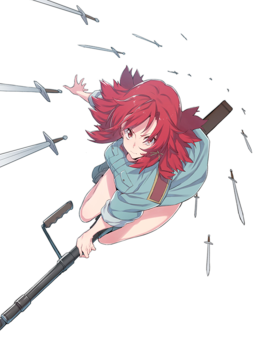 1girl action bangs blue_boots boots breasts closed_mouth dress fingernails floating_object from_above full_body gun hair_ornament hair_ribbon highres izetta long_fingernails looking_at_viewer outstretched_arm pocket red_eyes redhead ribbon riding rifle shade short_hair shuumatsu_no_izetta simple_background sleeves_rolled_up solo spread_fingers supernew sword too_many_weapons tress_ribbon weapon white_background
