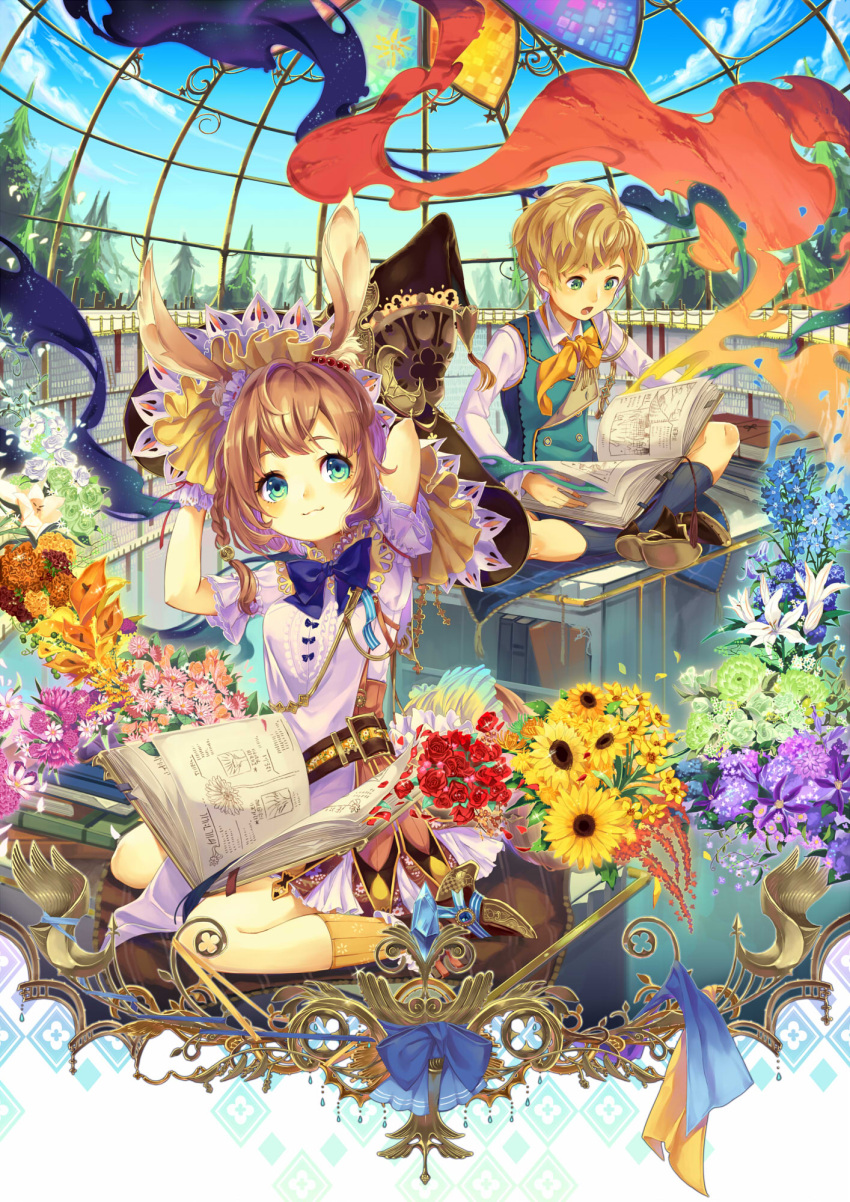 1boy 1girl 4th :3 animal_ears aqua_eyes arm_up black_legwear blonde_hair blush book book_stack braid brown_hair brown_shoes closed_mouth clouds collared_shirt dome dress floral_print flower green_eyes hat head_tilt high_heels highres indian_style indoors kneehighs long_sleeves looking_up open_book open_mouth original rabbit_ears shirt shoes short_hair sitting sky tree vest wariza white_dress white_shirt wing_collar witch_hat yellow_legwear