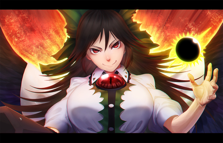 &gt;:) 1girl arm_cannon bird_wings black_hair black_wings bow breasts cape hair_between_eyes hair_bow head_tilt large_breasts letterboxed long_hair looking_at_viewer minami_koyogi red_eyes reiuji_utsuho shirt short_sleeves slit_pupils smile solo third_eye touhou upper_body weapon wing_collar wings