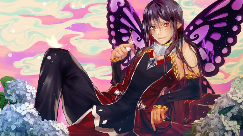 1boy black_hair butterfly butterfly_wings character_request detached_sleeves dripping flower highres kimpeul leaning mabinogi male_focus pointy_ears red_eyes sleeves_past_wrists solo wet wings