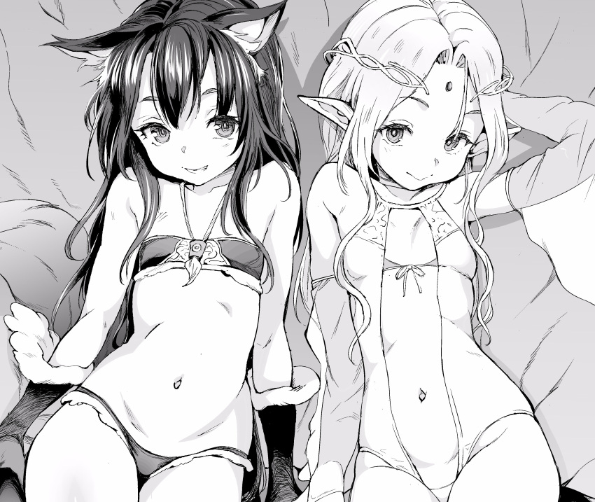 absurdres animal_ears bangs breasts bridal_gauntlets circlet elbow_gloves elf flat_chest gloves greyscale grin highres jewelry leotard long_hair looking_at_viewer monochrome navel necklace original parted_bangs pointy_ears satetsu sidelocks sitting small_breasts smile strapless tubetop