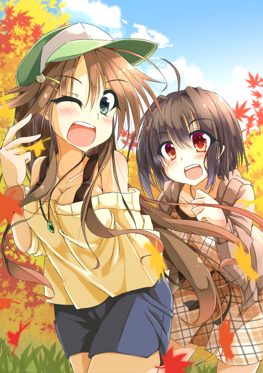 2girls ahoge baseball_cap black_hair blue_sky breasts brown_hair cleavage clouds collarbone commentary_request eyebrows eyebrows_visible_through_hair green_eyes hair_between_eyes hair_ornament hairclip hat highres himekawa_yuki idolmaster idolmaster_cinderella_girls jewelry kohinata_miho leaf long_hair looking_at_viewer maple_leaf multiple_girls necklace off_shoulder one_eye_closed open_mouth outdoors red_eyes short_hair sky sweater syuutu
