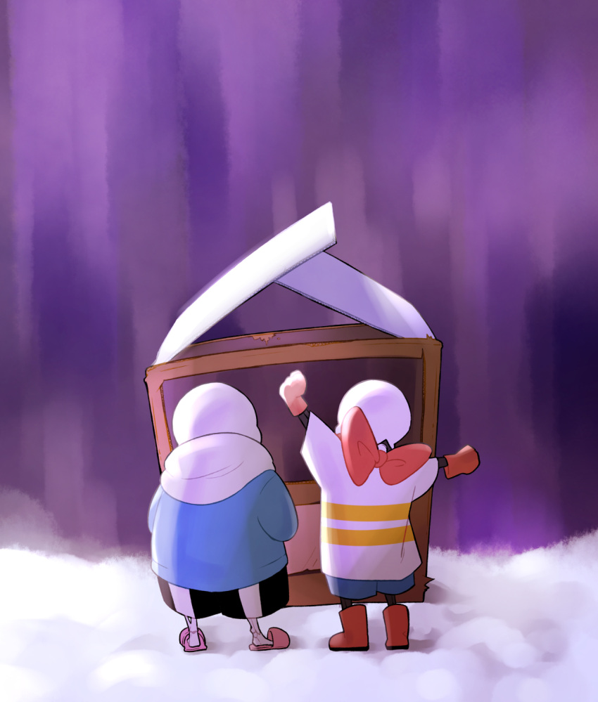 2boys arm_up back black_shorts blue_jacket blue_shorts boots bow box cardboard_box clenched_hands from_behind full_body gloves highres hood hoodie jacket long_sleeves multiple_boys outdoors outstretched_arm papyrus_(undertale) purple_sky red_boots red_bow red_gloves sans shade shirt short_sleeves shorts skeleton slippers snow standing striped t-shirt toby_fox_(publisher) undertale yamtteng younger