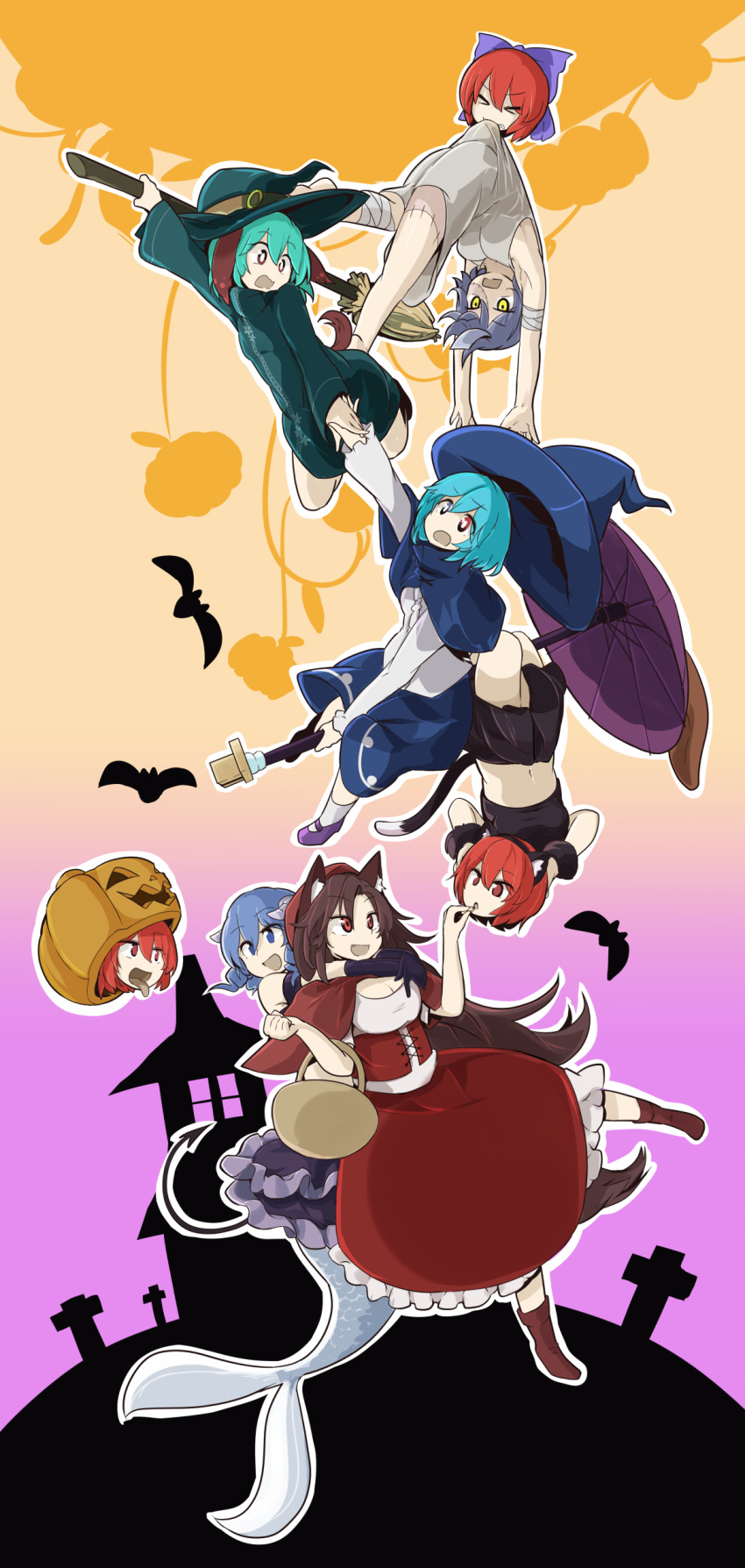 &gt;_&lt; 6+girls absurdres alternate_costume animal_ears bandages bangs basket bat belt blue_bow blue_eyes blue_hair boots bow breasts broom brown_boots brown_hair cat_tail cleavage closed_eyes commentary_request corset demon_tail dress drill_hair feeding frilled_dress frills gradient gradient_background green_hair hair_bow halloween halloween_costume hat heterochromia highres holding_hands horns imaizumi_kagerou interlocked_fingers jack-o'-lantern kasodani_kyouko long_hair long_skirt long_sleeves medium_breasts mermaid miyako_yoshika monster_girl mouth_hold multiple_girls navel ofuda open_mouth orange_background pink_background purple_shoes red_eyes red_skirt sekibanki shoes short_hair simple_background skirt smile socks stitches tail tatara_kogasa tongue tongue_out touhou tyouseki umbrella upside-down wakasagihime white_legwear witch_hat wolf_ears wolf_tail yellow_eyes