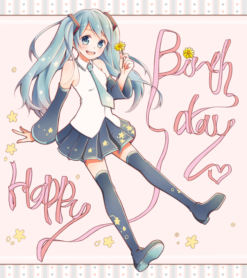 1girl :d aqua_eyes aqua_hair aqua_necktie bare_shoulders black_skirt blush boots border breasts collared_shirt detached_sleeves english flower full_body happy_birthday hatsune_miku head_tilt hear highres holding holding_flower long_hair long_sleeves mononofu44 necktie open_mouth outstretched_arm pink_background pink_ribbon pleated_skirt ribbon shirt skirt sleeveless sleeveless_shirt small_breasts smile solo thigh-highs thigh_boots twintails vocaloid white_shirt wing_collar