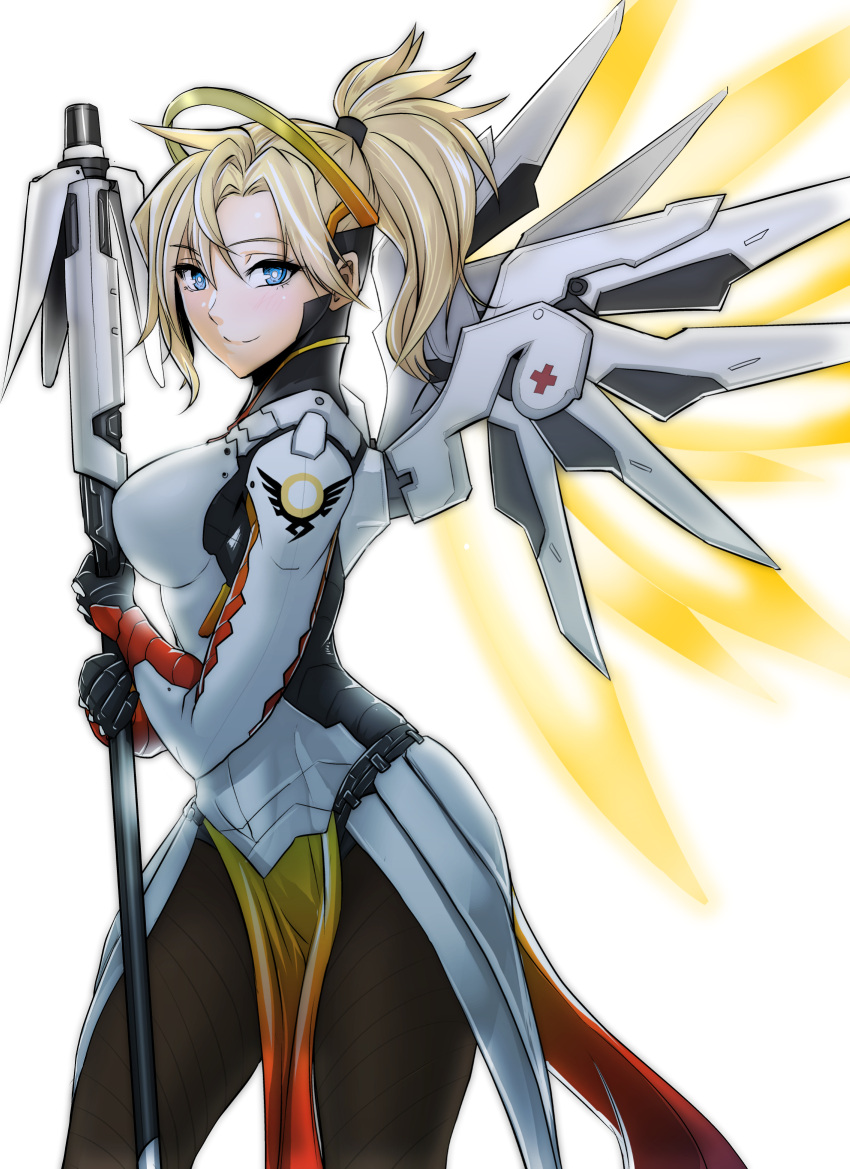 1girl armor black_gloves blonde_hair blue_eyes blush bodysuit breastplate breasts brown_legwear clash_kuro_neko closed_mouth cowboy_shot eyebrows eyebrows_visible_through_hair eyelashes faulds from_side gloves glowing glowing_wings hair_ornament hair_tie hands_up headgear high_collar highres holding holding_staff large_breasts legs_apart loincloth long_hair long_sleeves looking_at_viewer mechanical_halo mechanical_wings mercy_(overwatch) overwatch pantyhose pelvic_curtain ponytail simple_background skin_tight smile solo spread_wings staff turtleneck weapon white_background wing_print wings yellow_wings