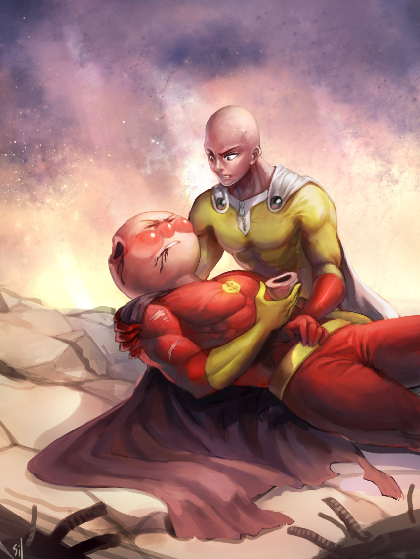 2boys absurdres anpanman anpanman_(character) artist_request bald blush bread cape dying food highres multiple_boys one-punch_man saitama_(one-punch_man) superhero