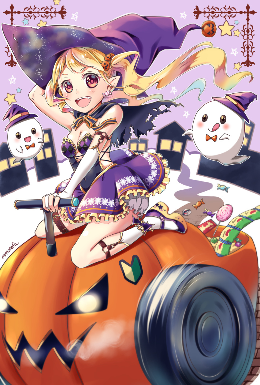 1girl :d :q arm_up artist_name blonde_hair blush breasts brown_eyes candy candy_earrings chocolate_bar cleavage closed_mouth food_themed_hair_ornament ghost glowing glowing_eyes green_hair hair_ornament hat highres house jack-o'-lantern kneehighs lollipop long_hair medium_breasts mononofu44 multicolored_hair open_mouth original platform_footwear pointy_ears pumpkin_hair_ornament purple_background purple_skirt red_eyes riding shoes shoshinsha_mark sitting skirt smile star swirl_lollipop thigh_strap tongue tongue_out twintails two-tone_hair vehicle wariza wheels white_legwear witch witch_hat wrapped_candy