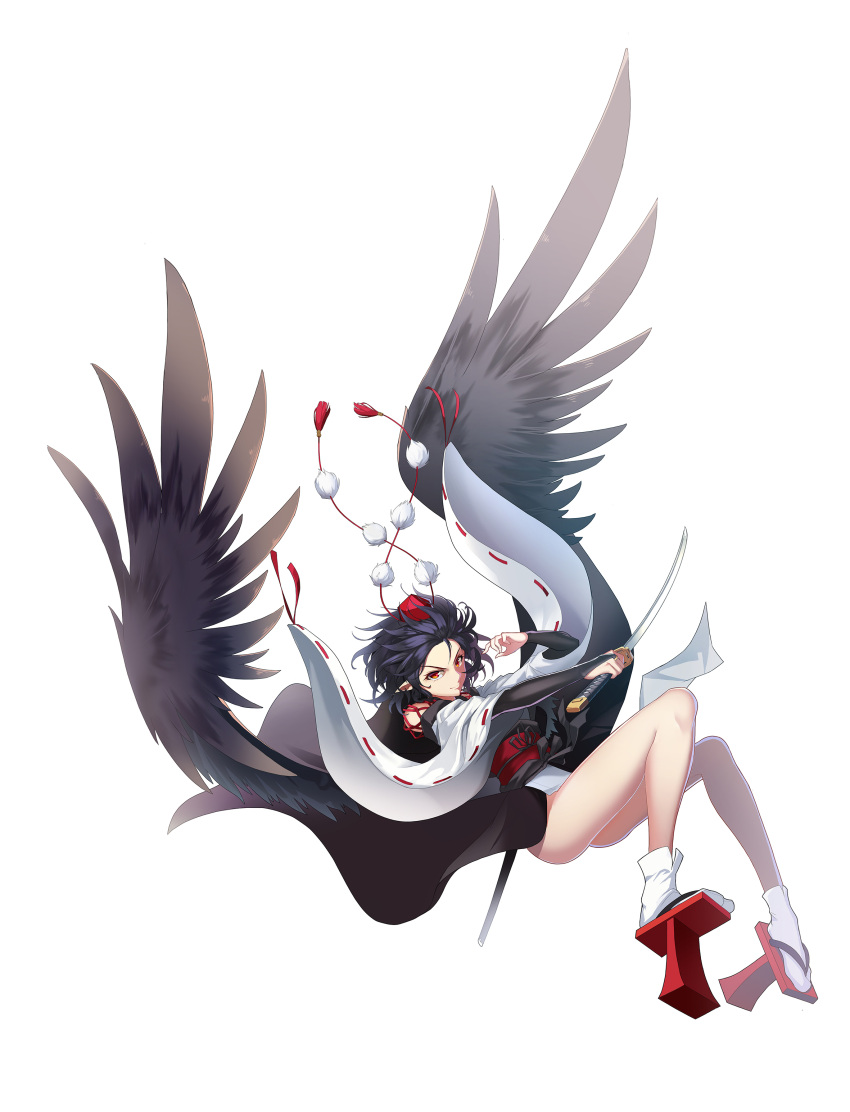 &gt;:) 1girl absurdres alternate_costume bangs black_hair black_ribbon black_wings bridal_gauntlets collared_shirt detached_sleeves falling feathered_wings full_body geta hat highres holding holding_sword holding_weapon japanese_clothes kourindou_tengu_costume long_sleeves looking_at_viewer obi outstretched_arm pom_pom_(clothes) red_eyes red_hat red_ribbon ribbon ribbon-trimmed_sleeves ribbon_trim sash shade shameimaru_aya shinebell shirt shoe_soles short_hair simple_background smile socks solo sword tabi tengu-geta tokin_hat touhou unsheathed weapon white_background white_legwear white_shirt wide_sleeves wings