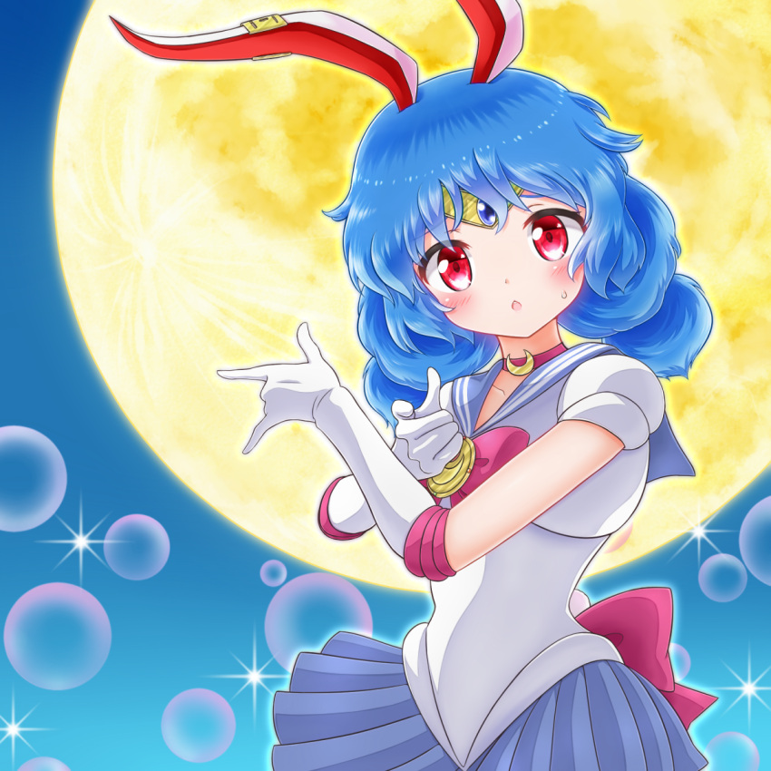 1girl \m/ animal_ears bishoujo_senshi_sailor_moon blue_hair blue_skirt bow bowtie brooch chestnut_mouth choker circlet crescent ear_clip elbow_gloves full_moon gloves highres jewelry looking_at_viewer mofu_mofu moon night pink_bow pink_bowtie pleated_skirt pointing pose puffy_short_sleeves puffy_sleeves rabbit_ears red_eyes sailor_collar sailor_moon sailor_moon_(cosplay) seiran_(touhou) shirt short_sleeves skirt solo sparkle sweat touhou white_gloves white_shirt