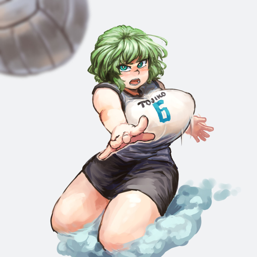 1girl action alternate_costume black_shorts blurry blush breasts chanta_(ayatakaoisii) character_name covered_nipples depth_of_field focused ghost_tail green_eyes green_hair grey_background highres huge_breasts looking_up motion_lines open_mouth shirt short_hair shorts simple_background soga_no_tojiko solo sportswear teeth thick_thighs thighs tongue touhou volleyball volleyball_uniform white_shirt