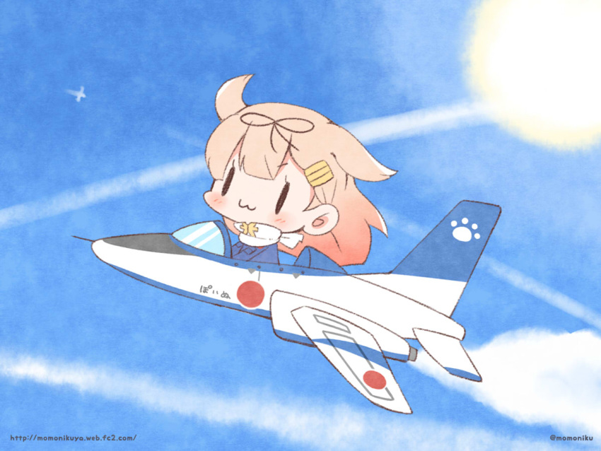 1girl :3 aircraft airplane blue_sky bow chibi clouds cloudy_sky commentary_request fighter_jet flying hair_bow hair_flaps hair_ornament hair_ribbon hairclip jet kantai_collection long_hair military military_vehicle momoniku_(taretare-13) orange_hair ribbon riding sky solo sun twitter_username watermark web_address yuudachi_(kantai_collection)