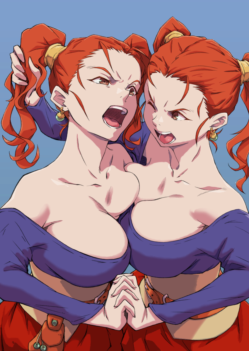 2girls absurdres arad_baranga belt_pouch blue_background breast_press breasts brown_eyes catfight collarbone dragon_quest earrings grabbing_another's_hair highres jessica_albert jewelry large_breasts long_hair looking_at_another multiple_girls off_shoulder one_eye_closed open_mouth orange_hair pouch selfcest simple_background single_earring teeth tongue twintails