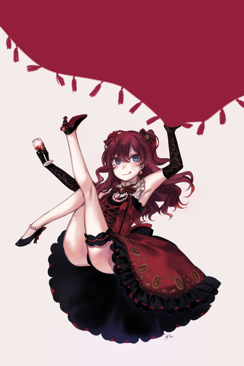 1girl absurdres black_gloves blue_eyes cup dress drinking_glass earrings elbow_gloves gloves high_heels highres holding ichinose_shiki idolmaster idolmaster_cinderella_girls jewelry legs_up long_hair looking_at_viewer purple_hair red_dress smile solo tis_(shan0x0shan) tongue tongue_out wine_glass